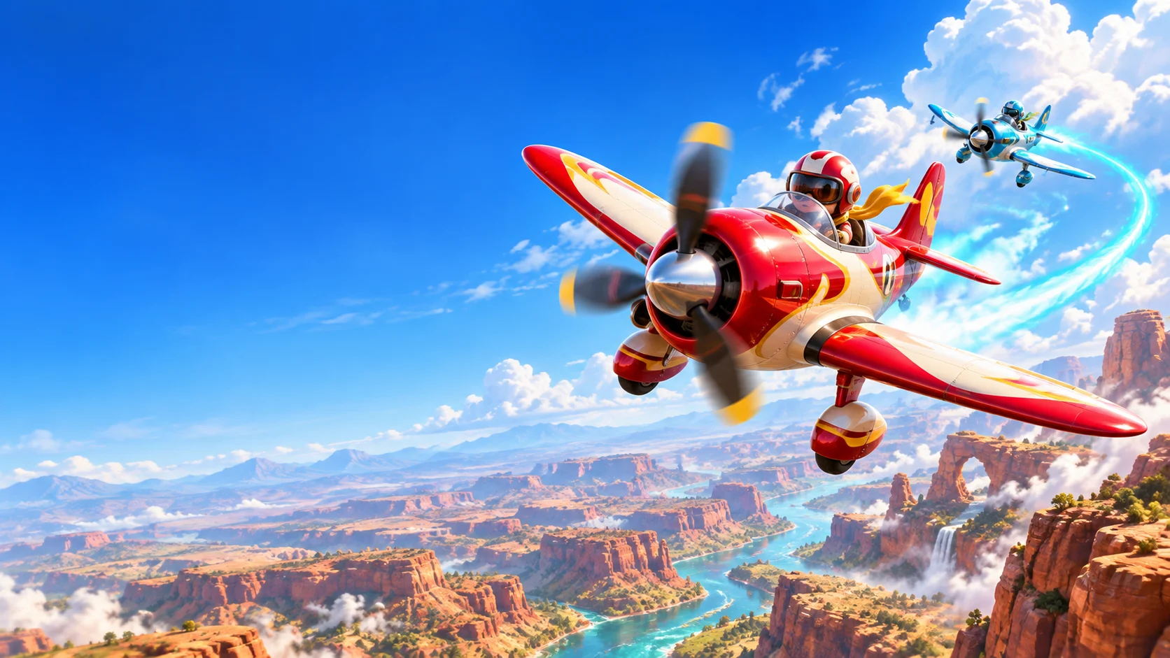 Skydrifty artwork: a red racing plane banking above a sunlit canyon with a turquoise rival close behind