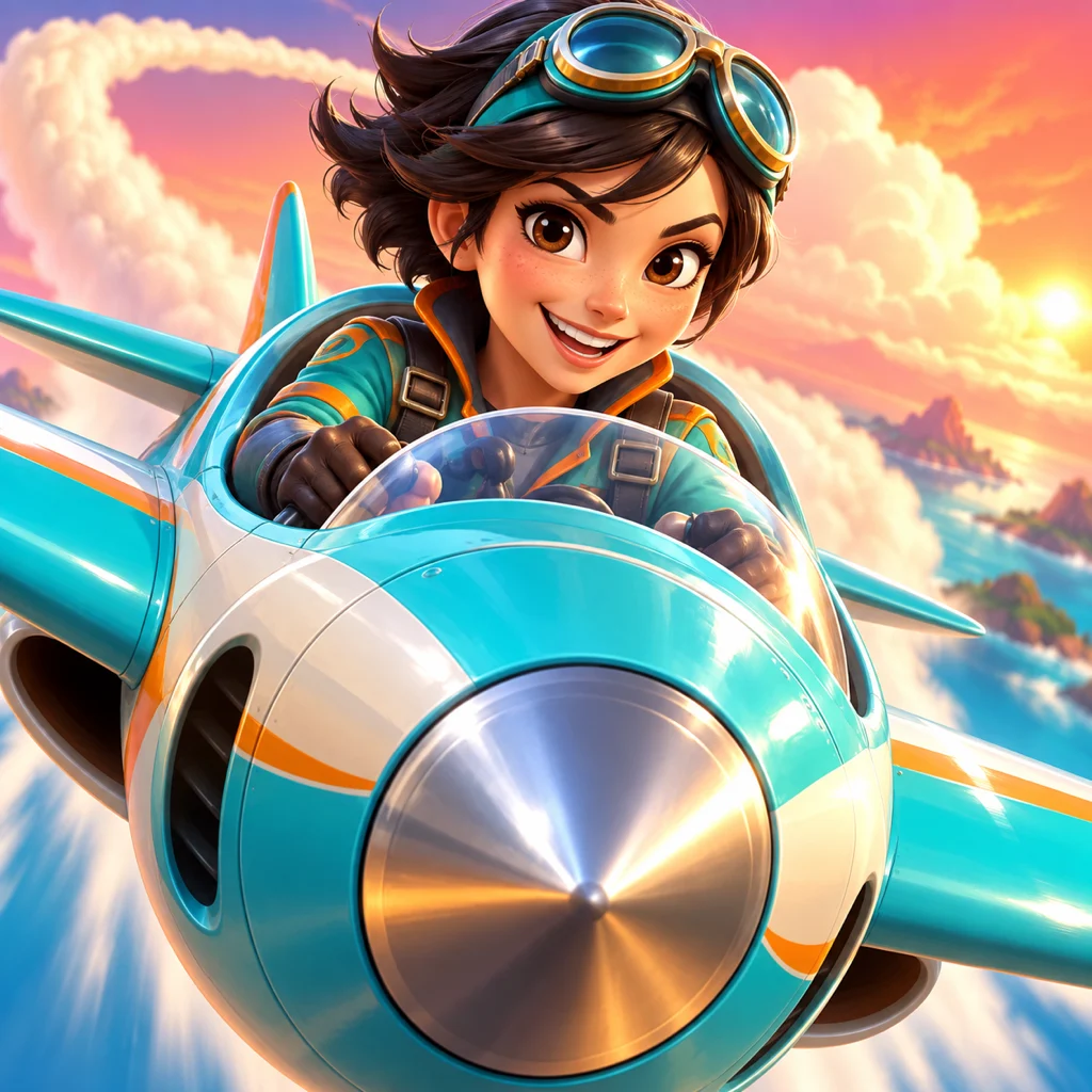 Skydrifty pilot artwork: Nova in a turquoise racer at sunset