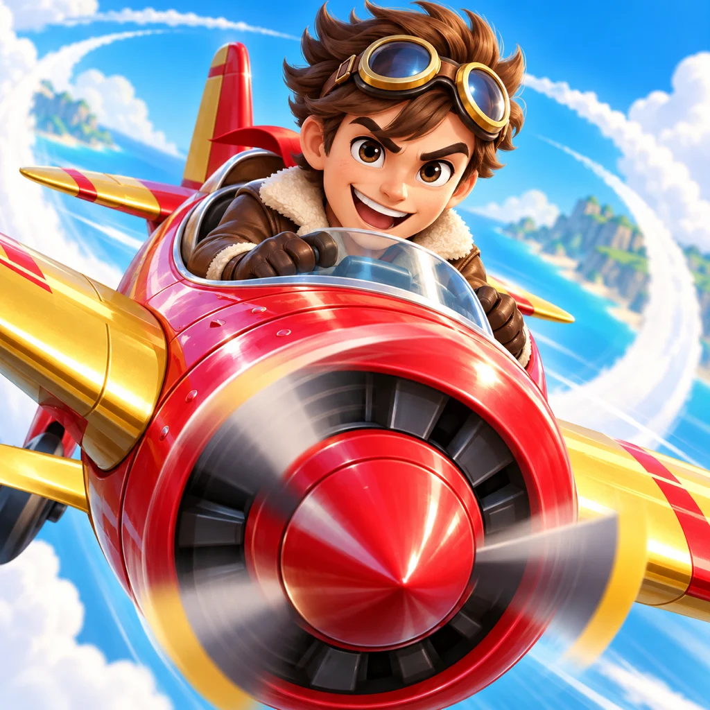 Skydrifty pilot artwork: a grinning Rookie in a red racing plane